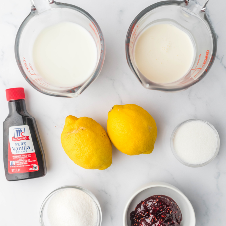 Ingredients needed for Easy Ninja Creami Lemon Raspberry Gelato on kitchen table.