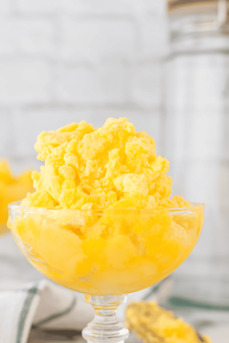 Bowl of creamy Easy Ninja Creami Mango Gelato topped with fresh mango chunks, ready to serve.