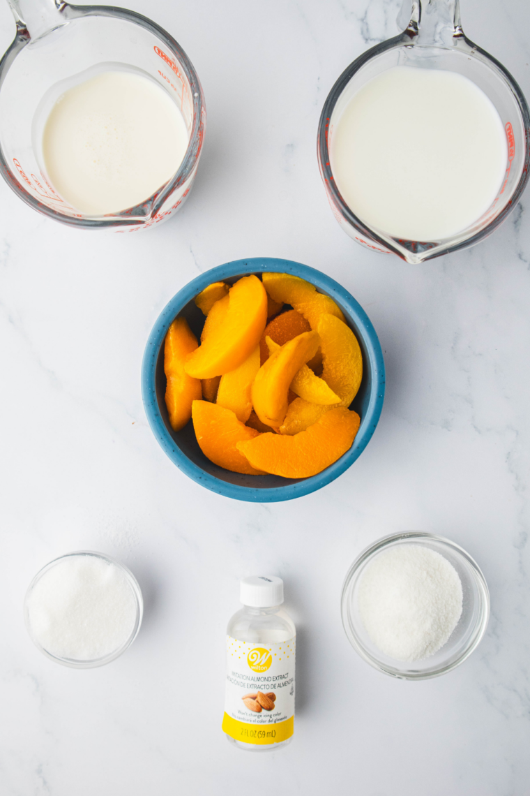 Ingredients needed for Easy Ninja Creami Peach Gelato on kitchen table.