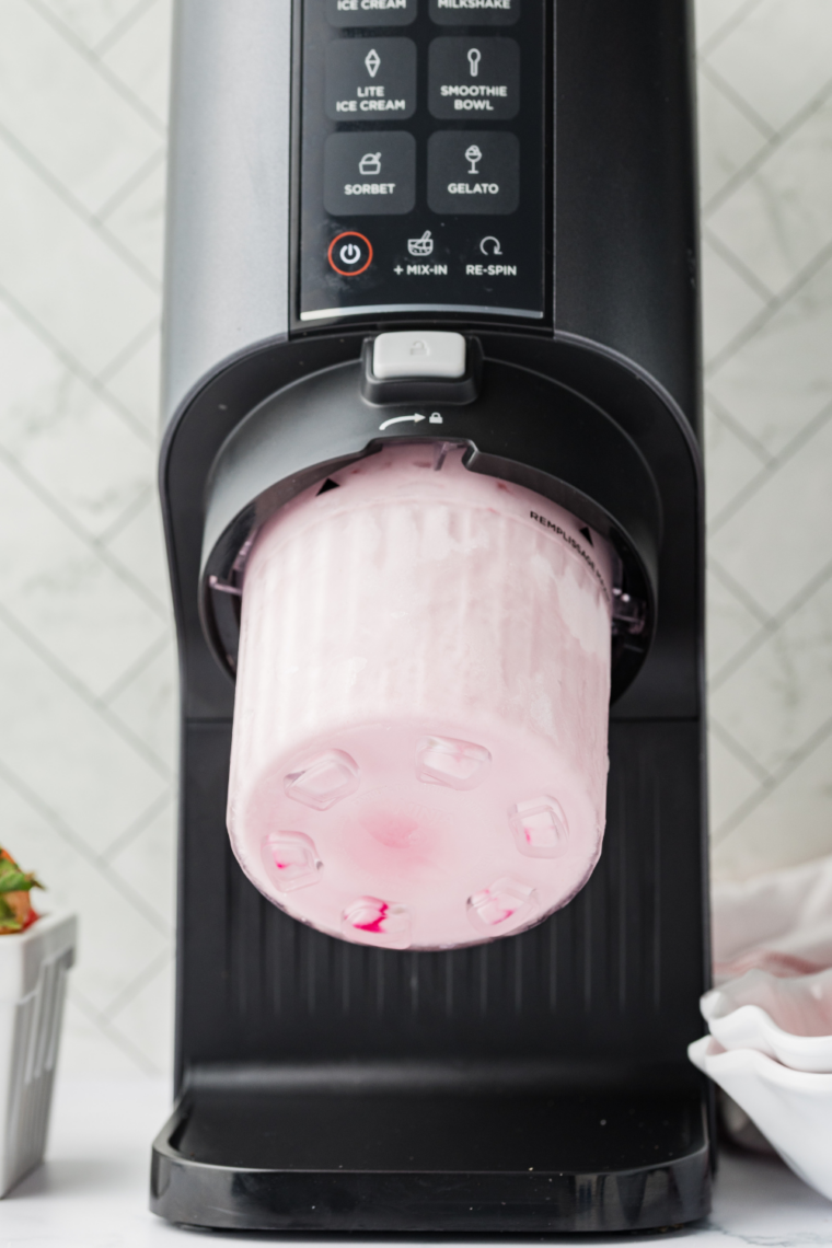 Diced strawberries added into processed gelato before running the Mix-In function.