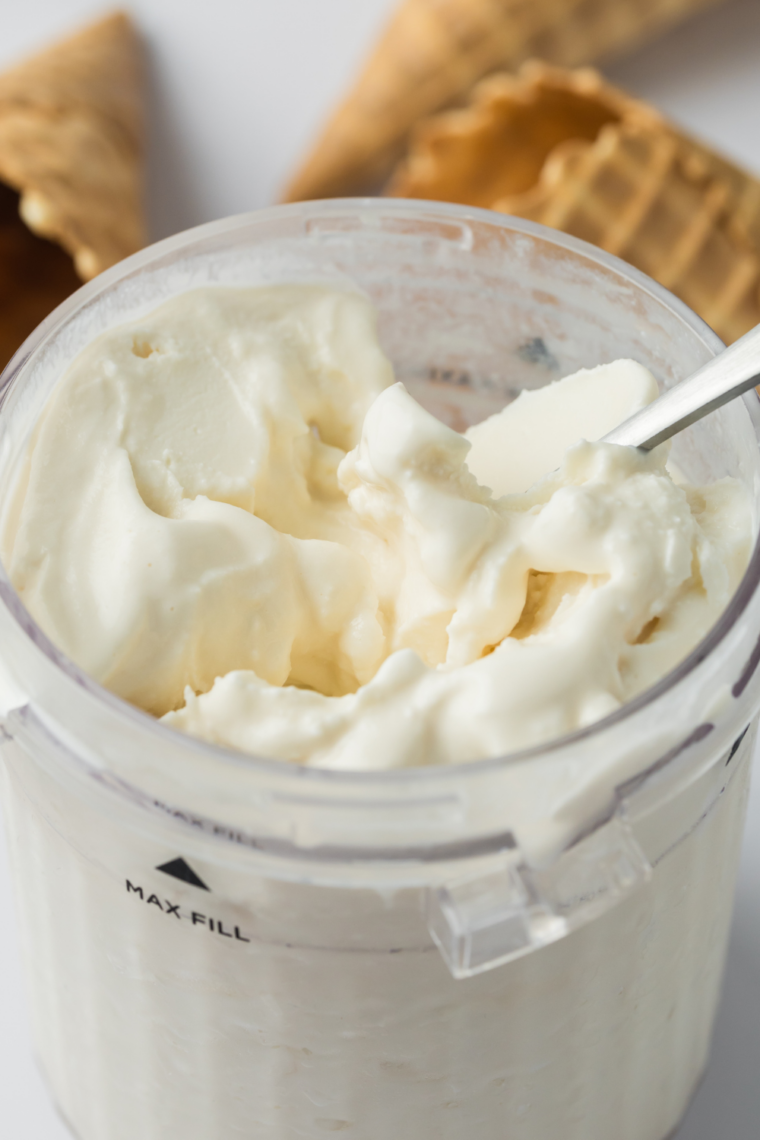 Homemade Ninja Creami vanilla gelato scooped into a bowl with smooth creamy texture.
