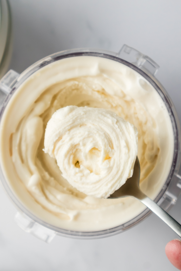 Bowl of creamy homemade Ninja Creami vanilla gelato, smooth texture, ready to serve.