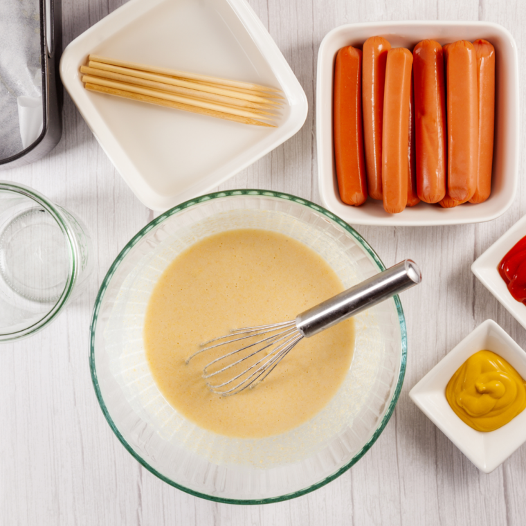 Batter poured into a tall glass for easy dipping.