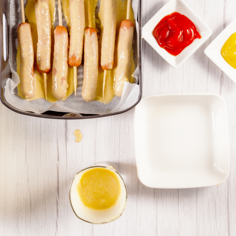 Coated corn dogs placed carefully into the prepared air fryer basket.