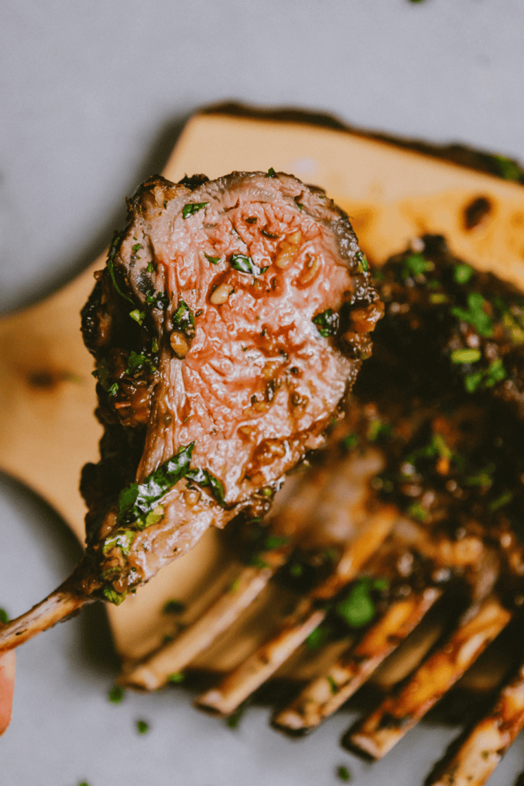 Close up of lamb chop seasoned with Copycat Kinder’s The Greek Blend.