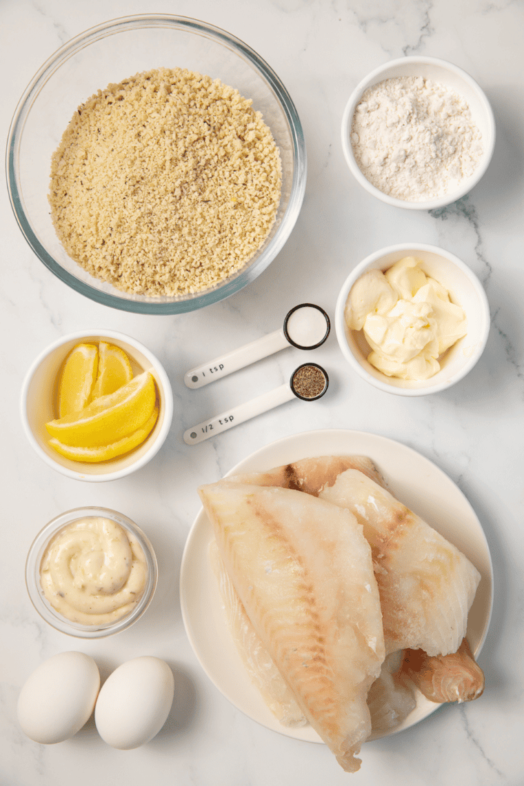 Ingredients needed for Crispy Panko Air Fryer Haddock on kitchen table.