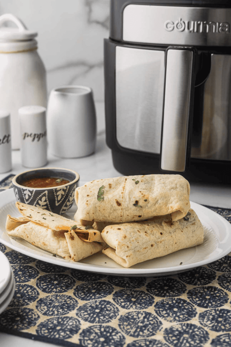 Golden air fryer Tex-Mex breakfast burritos filled with eggs, cheese, and chorizo