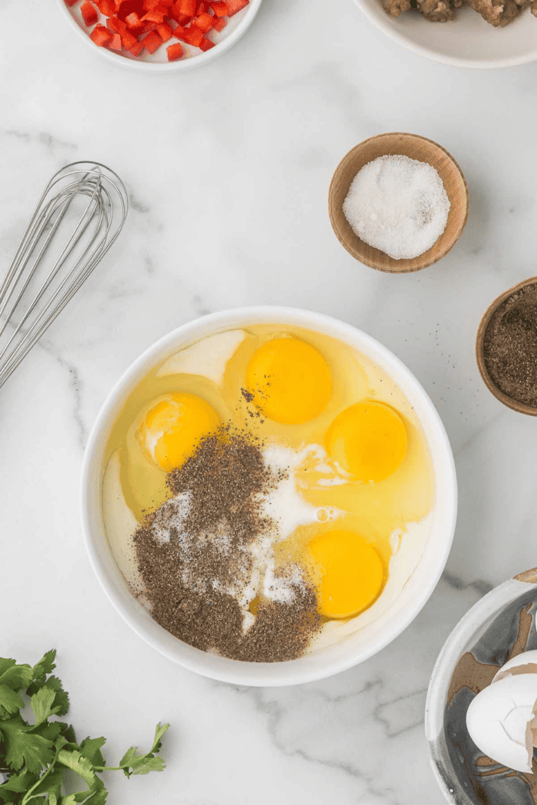 Prepare the Filling: Whisking eggs, milk, salt, and pepper