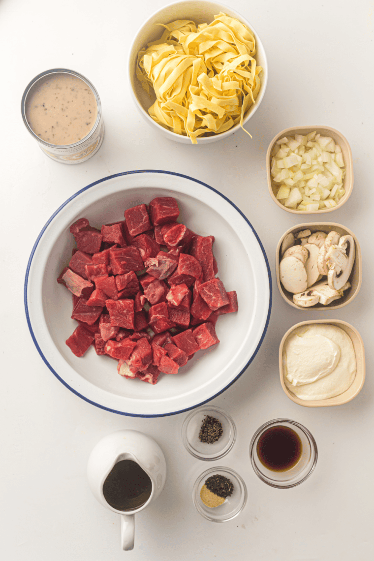 Ingredients needed for Easy Dry Stroganoff Sauce Mix Recipe on kitchen table.