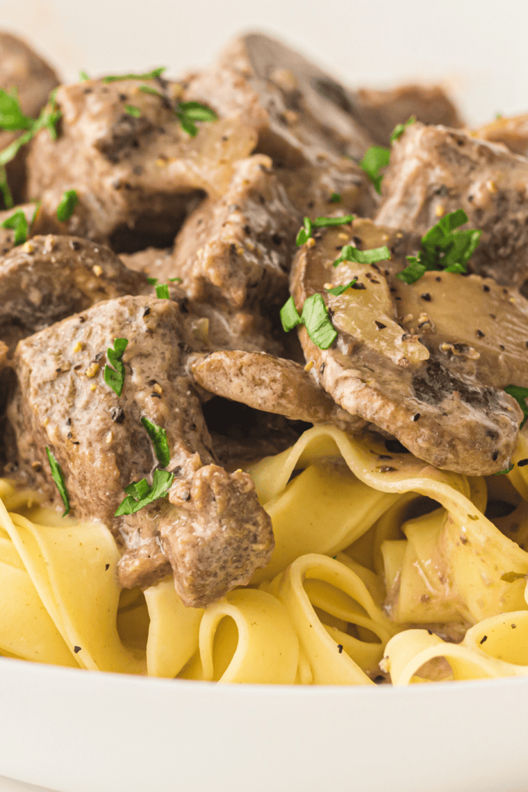 Homemade dry stroganoff sauce mix made with pantry spices in small bowl.