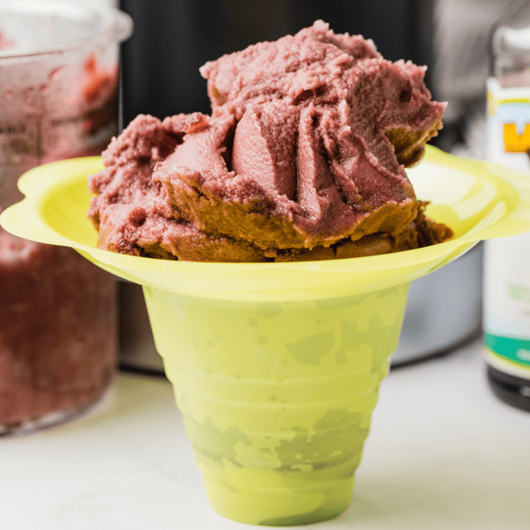 Bowl of purple grape Italian ice made in the Ninja Creami, garnished and ready to serve