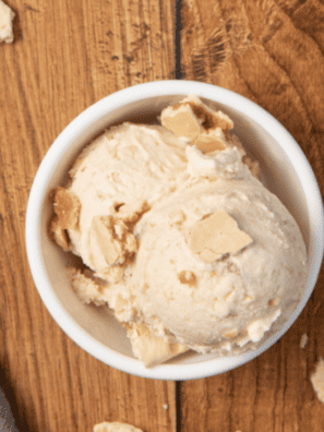Creamy almond gelato made in the Ninja Creami, served in a bowl