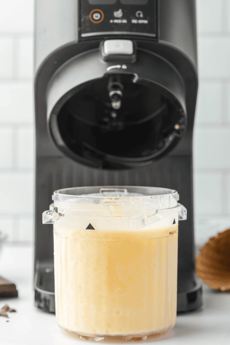 Homemade Ninja Creami Mom’s Makin Cookies ice cream in a bowl with chocolate chip cookie chunks, ready to serve.