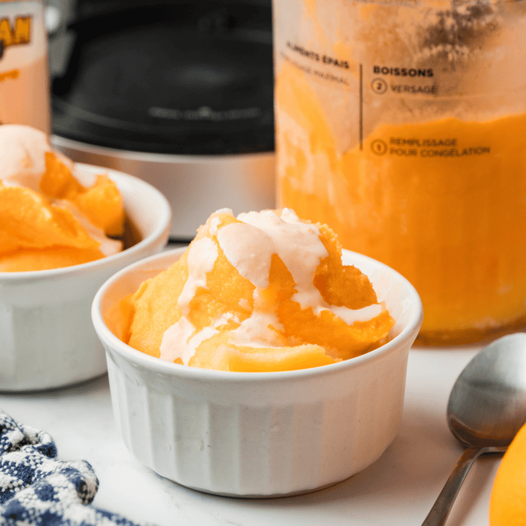 Ninja Creami orange creamsicle Italian ice served in dessert bowl.