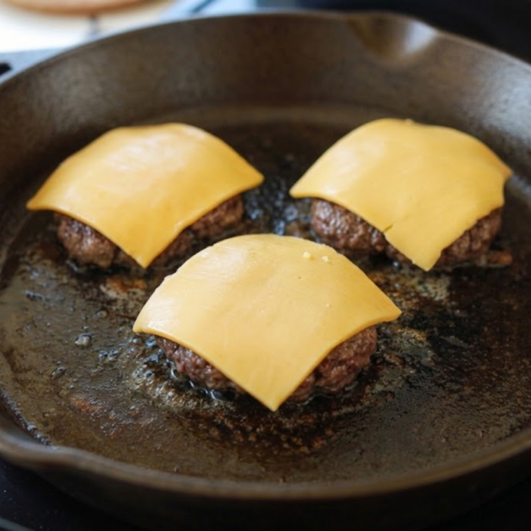 Cheddar cheese melting over smashed beef patty topped with crispy bacon in skillet.