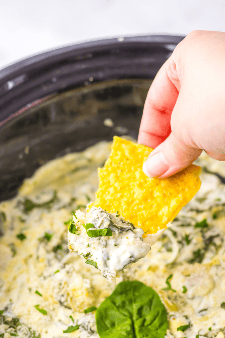 Warm and creamy Cheesecake Factory Spinach Dip served in a bowl with tortilla chips for dipping
