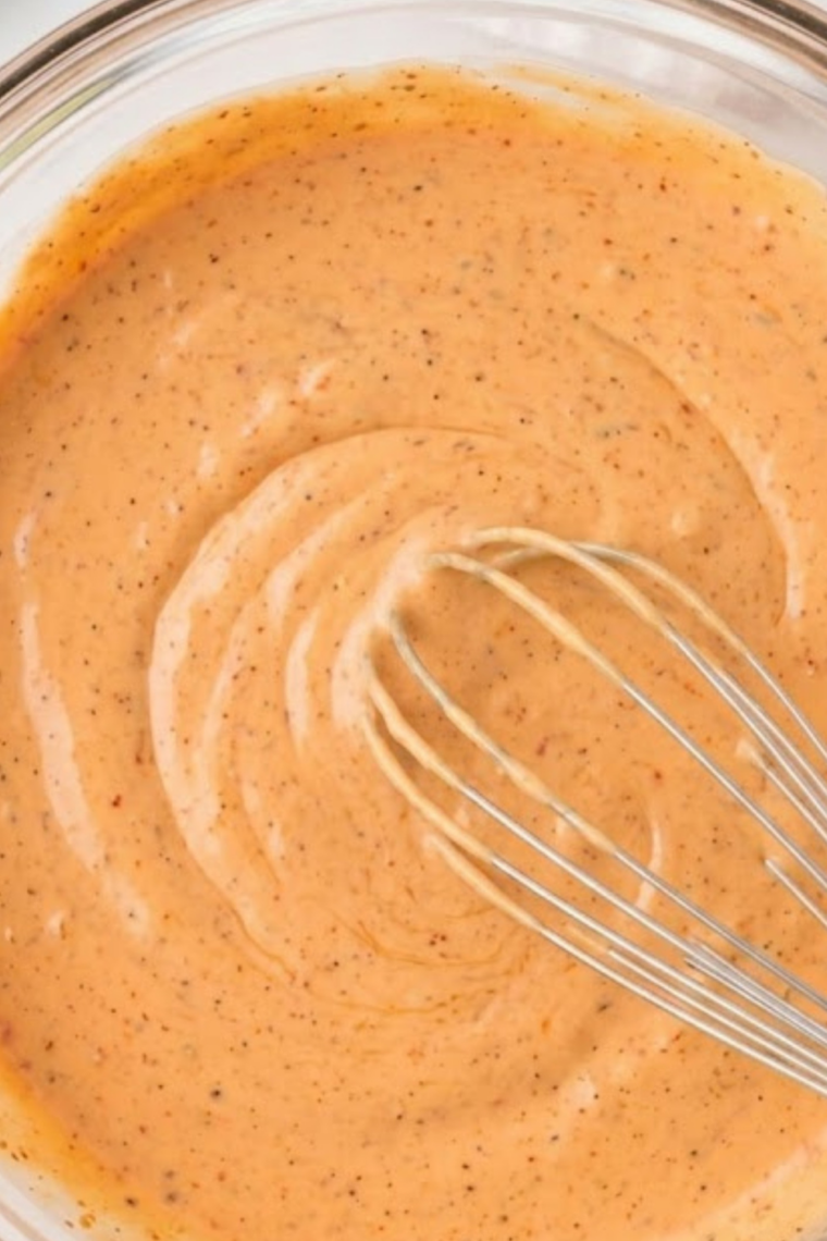 Creamy homemade sauce being whisked in a bowl with mayonnaise, relish, ketchup, mustard, vinegar, and spices, creating a smooth pale orange-pink dressing with visible pickle and onion flecks.