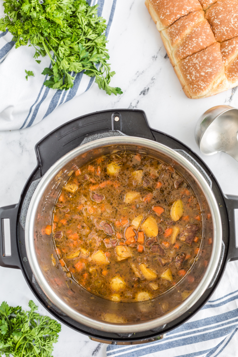 Finished beef stew garnished with parsley and served hot in bowl
