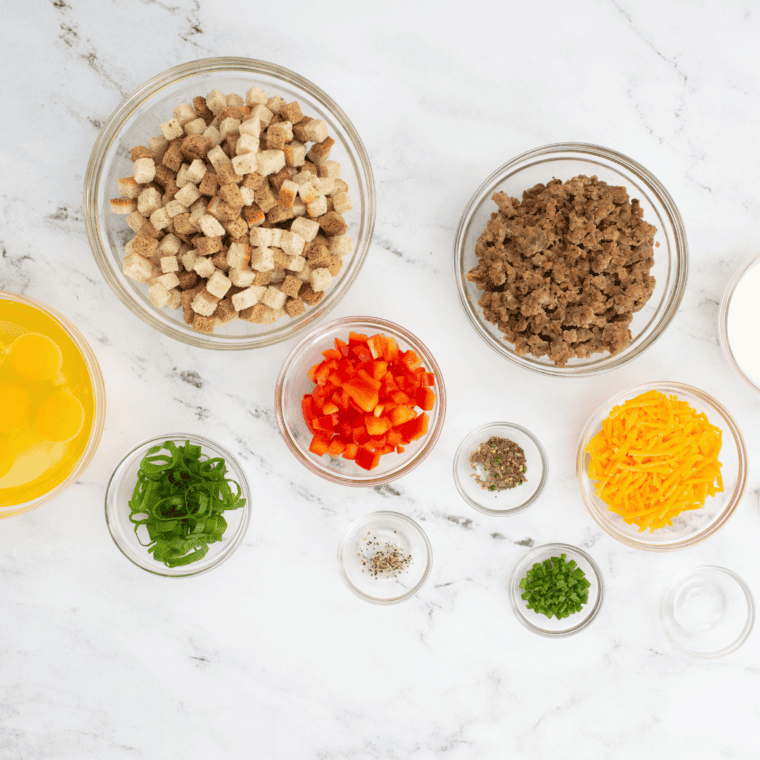 Ingredients needed for Easy Ina Garten&rsquo;s Breakfast Strata Recipe on kitchen table.