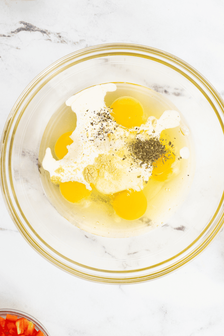 Mix the custard: Eggs milk salt and pepper whisked together in bowl