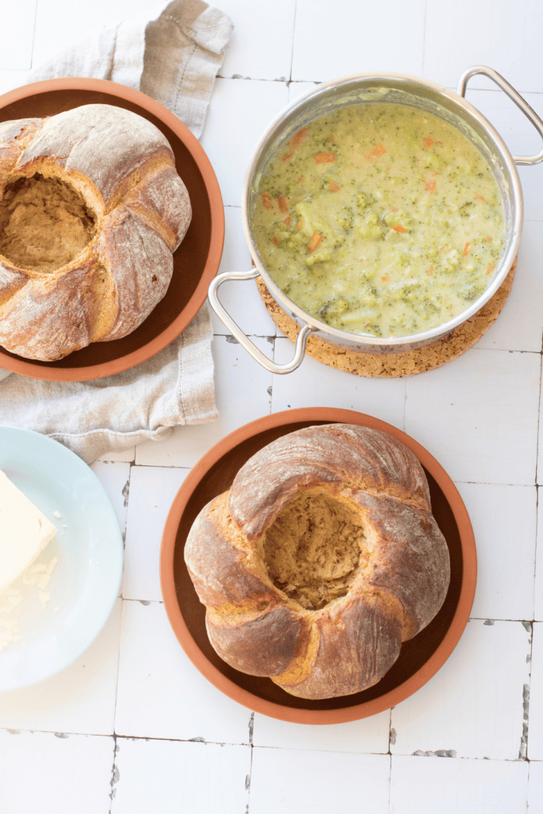 Finished broccoli cheddar soup simmering thick and creamy ready to serve hot