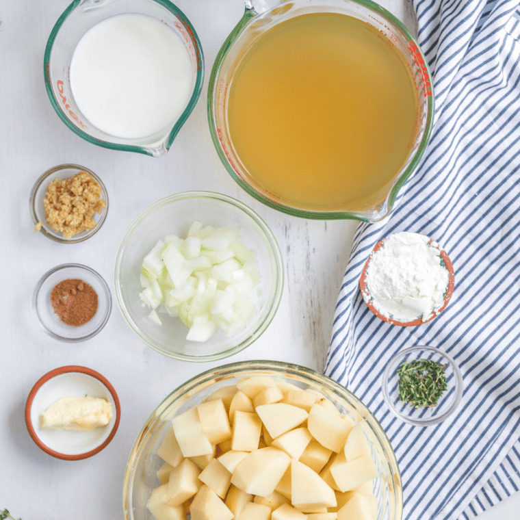 Ingredients needed for McAlister&rsquo;s Potato Soup Recipe on kitchen table.