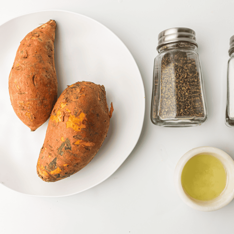 Ingredients needed for Ninja Crispi Sweet Potato Fries on kitchen table.