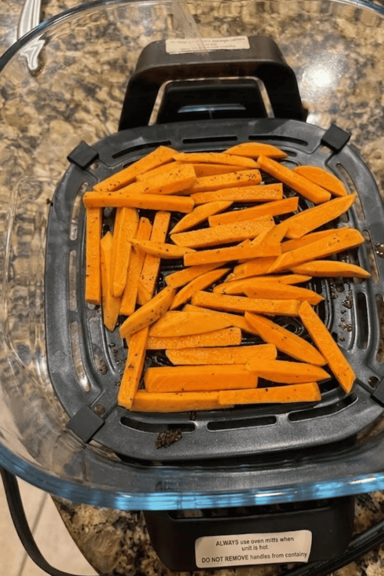 Fries arranged in a single layer inside the Ninja Crispi air fryer basket.