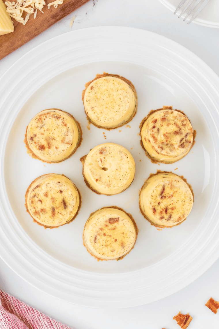 Close up of Scooter&rsquo;s Egg Bites Recipe on white plate.