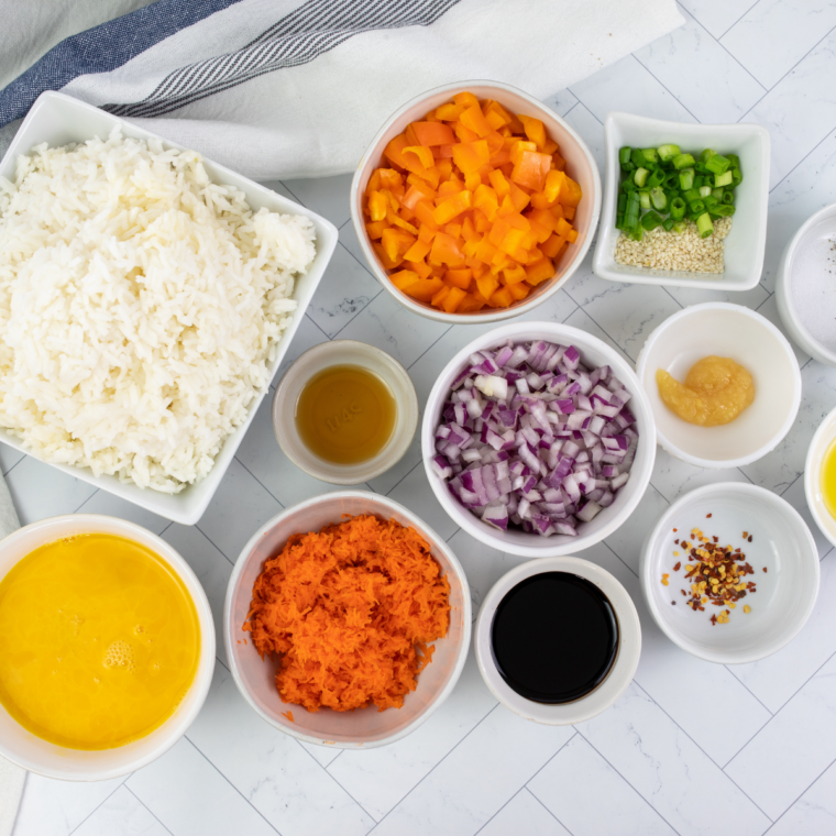 Ingredients needed for The Only Blackstone Fried Rice Recipe You'll Ever Need on kitchen table.