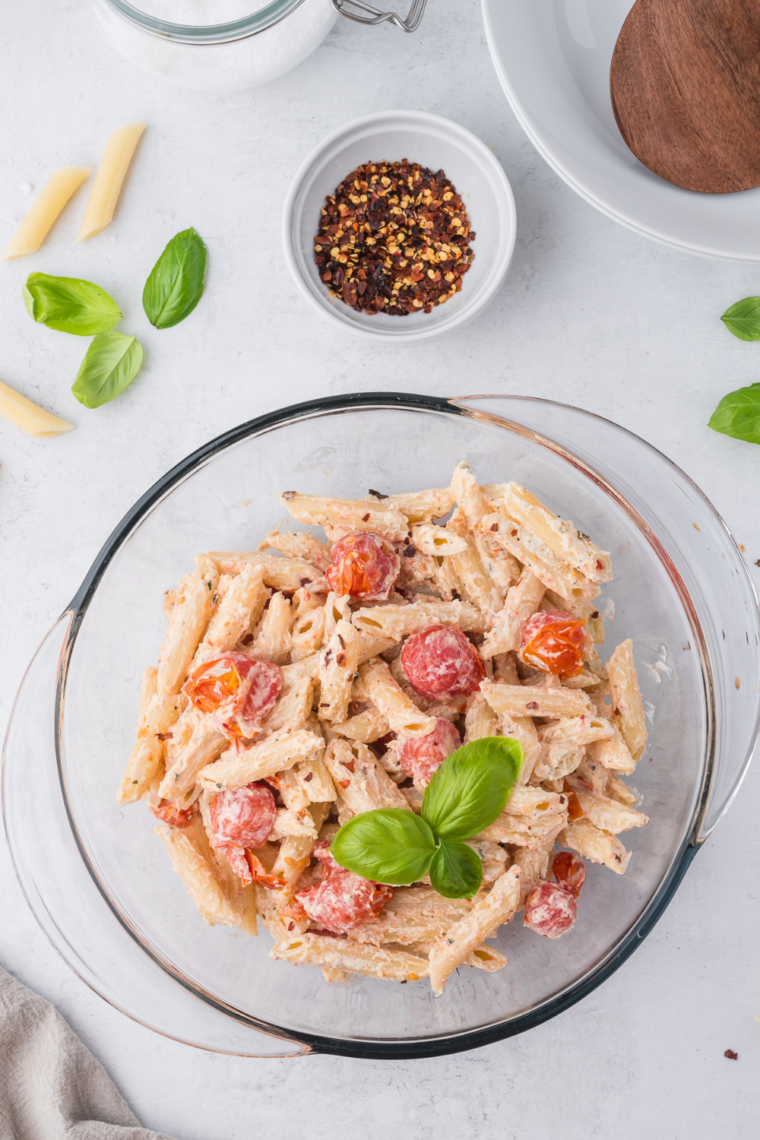 creamy Boursin pasta made in air fryer with roasted cherry tomatoes