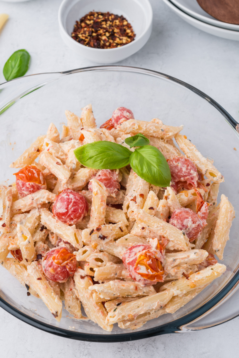 easy air fryer pasta with Boursin cheese and roasted tomatoes
