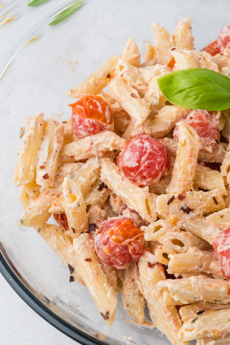 air fryer Boursin pasta with creamy sauce and burst cherry tomatoes