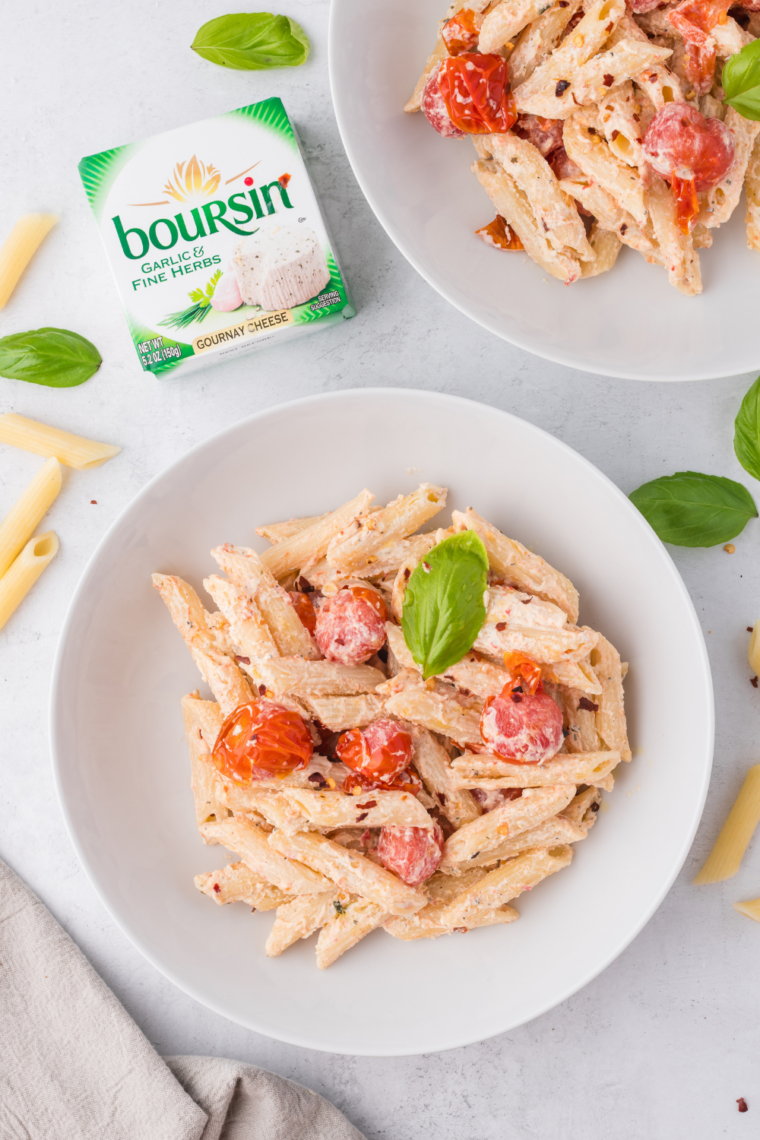 creamy Boursin pasta in air fryer with burst tomatoes and herbs