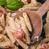 Air fryer Boursin pasta with cherry tomatoes and creamy cheese sauce