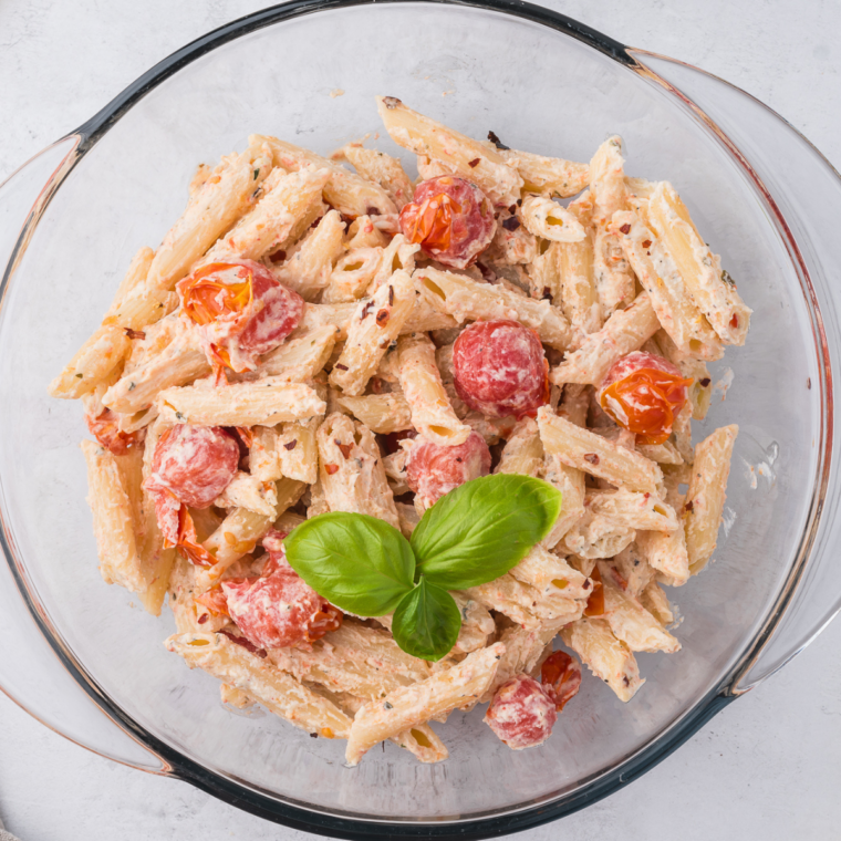 easy air fryer Boursin pasta recipe finished with fresh herbs