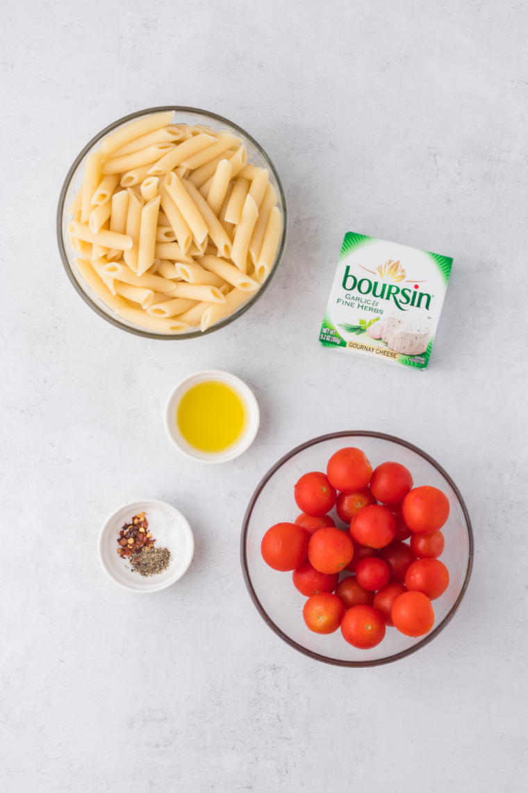 Ingredients needed for Viral Air Fryer Boursin Pasta (Ready in 20 Minutes!) on kitchen table.