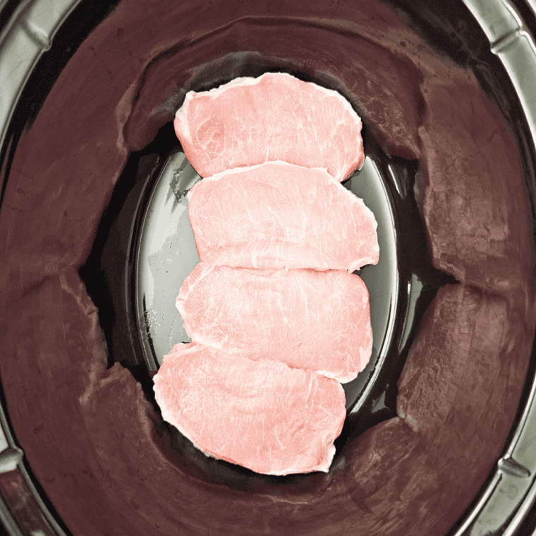 Raw pork chops arranged in a single layer in the bottom of a black slow cooker.
