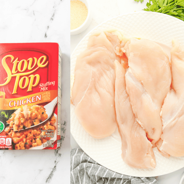 Ingredients needed for 4 Ingredient Slow Cooker Chicken And Stuffing on kitchen table.