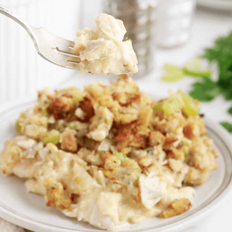 Tender slow cooker chicken breast with stuffing mix and creamy sauce.