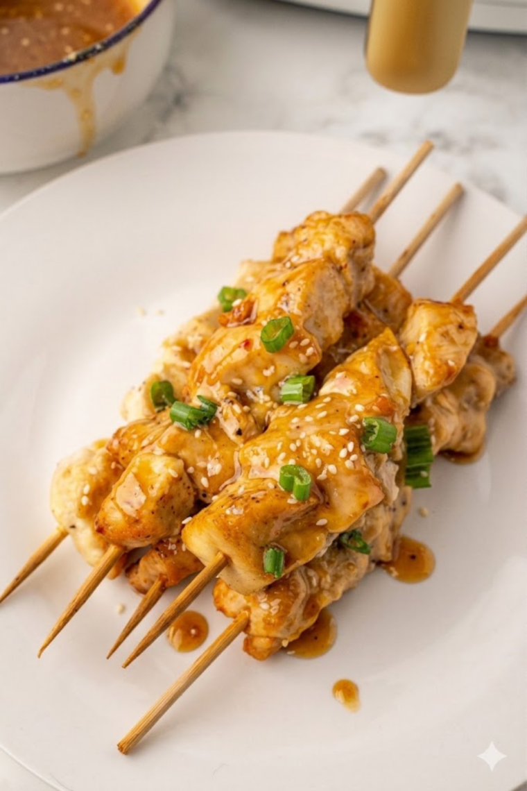 Close-up of crispy chicken skewers brushed with bang bang sauce fresh from the air fryer.