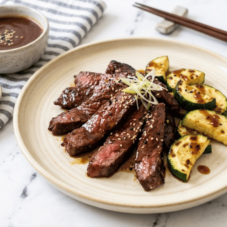 Air fryer bulgogi with zucchini garnished with sesame seeds and green onion, served hot over rice