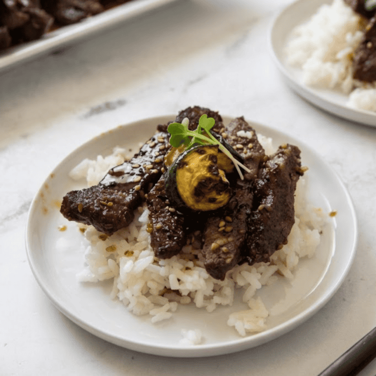 Close up of air fryer Korean bulgogi beef and zucchini with green onions