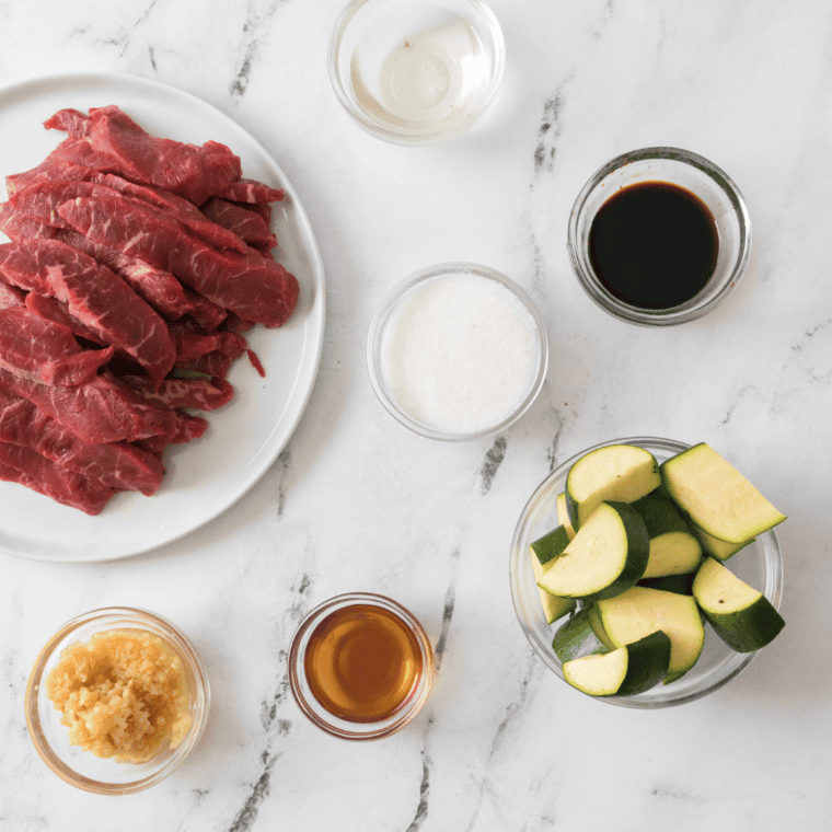 Ingredients needed for Air Fryer Bulgogi with Zucchini on kitchen table.