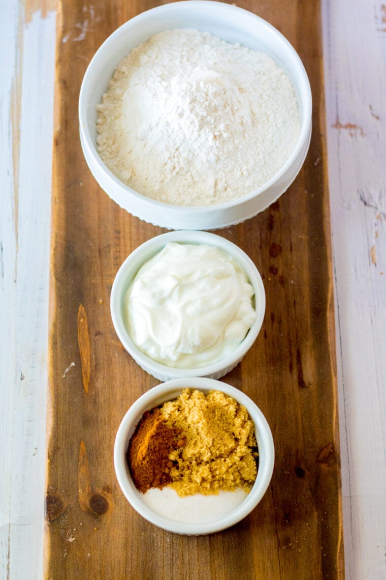 Flour, Greek yogurt, brown sugar, granulated sugar, and cinnamon for Panera Copycat Cinnamon Crunch Bagels
