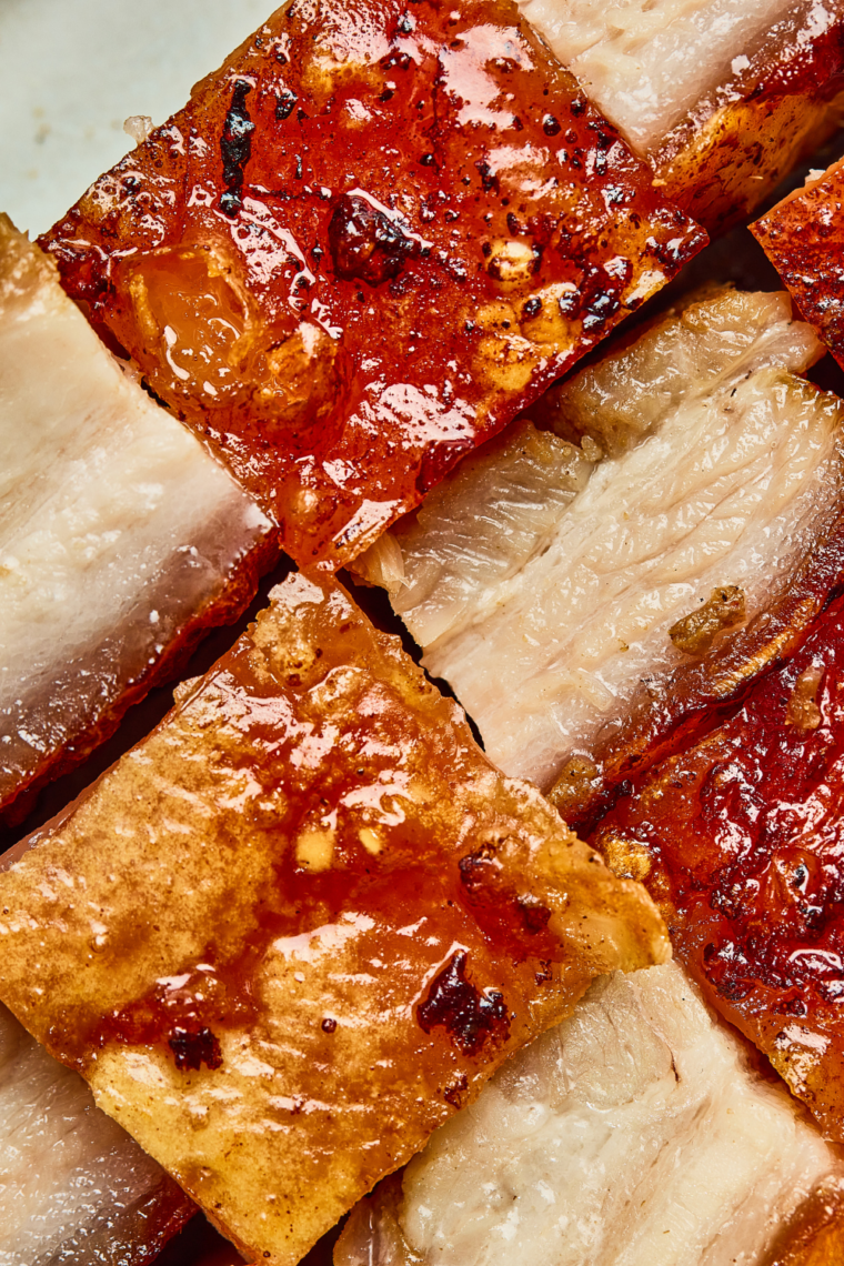 Crispy Air Fryer Siu Yuk pork belly sliced into crunchy golden pieces.