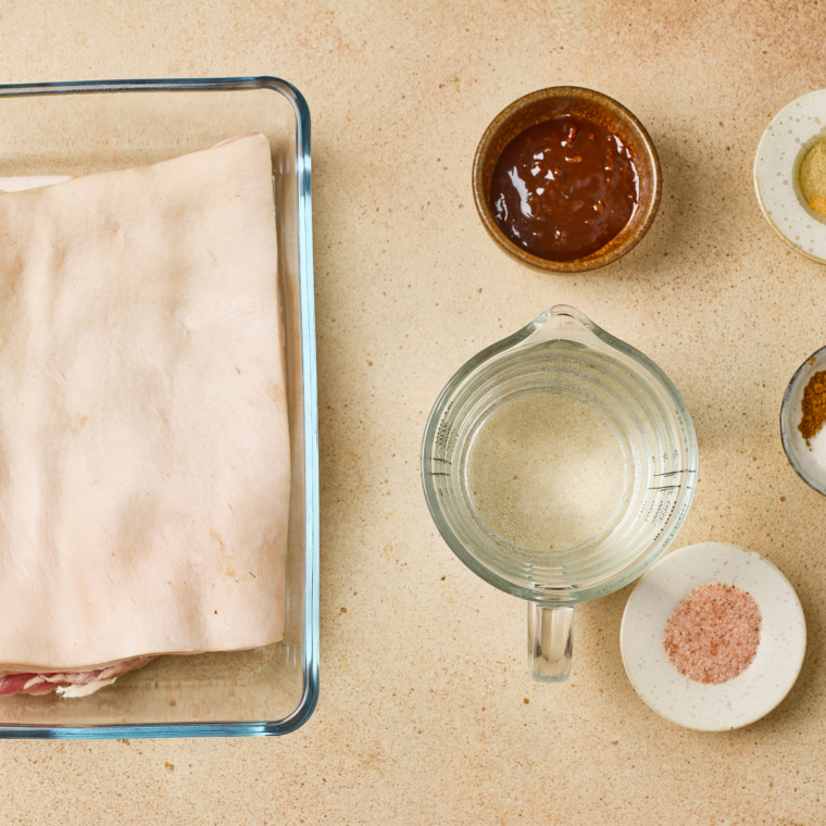 Ingredients needed for Air Fryer Siu Yuk on kitchen table.