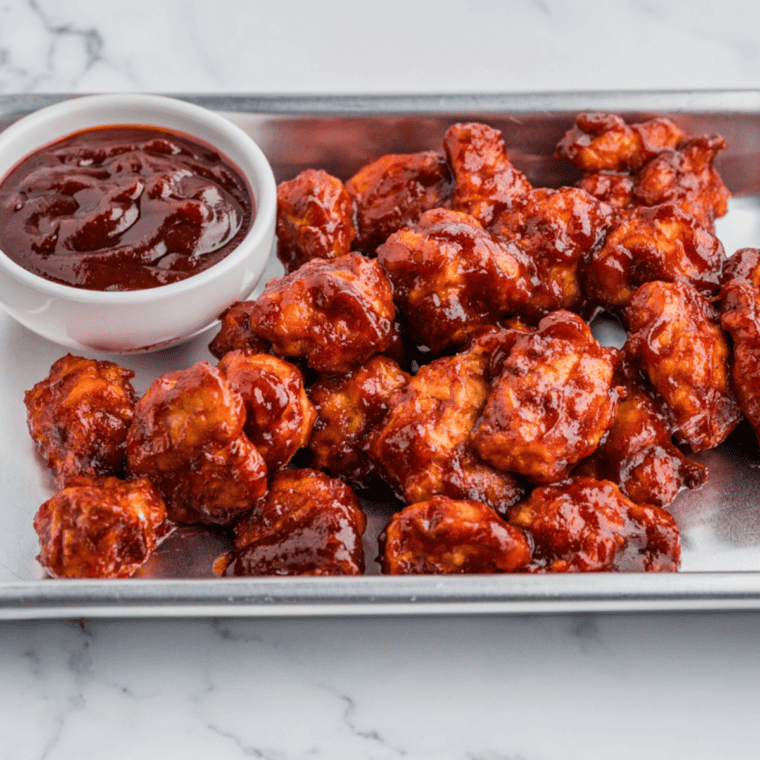 Homemade Burger King BBQ sauce served in a small dipping bowl beside chicken nuggets.