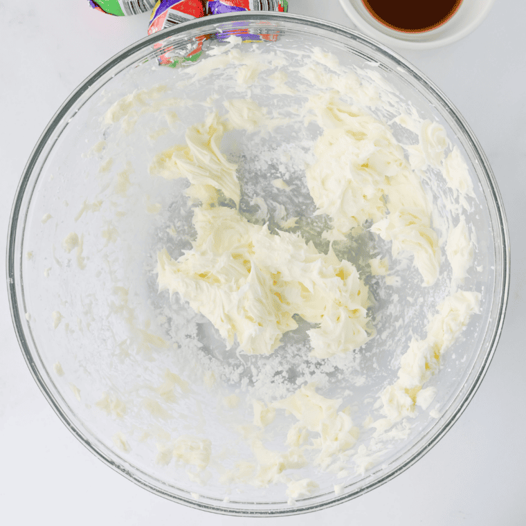Soften the cream cheese
Block of cream cheese softening on counter for Cadbury Egg Dip recipe