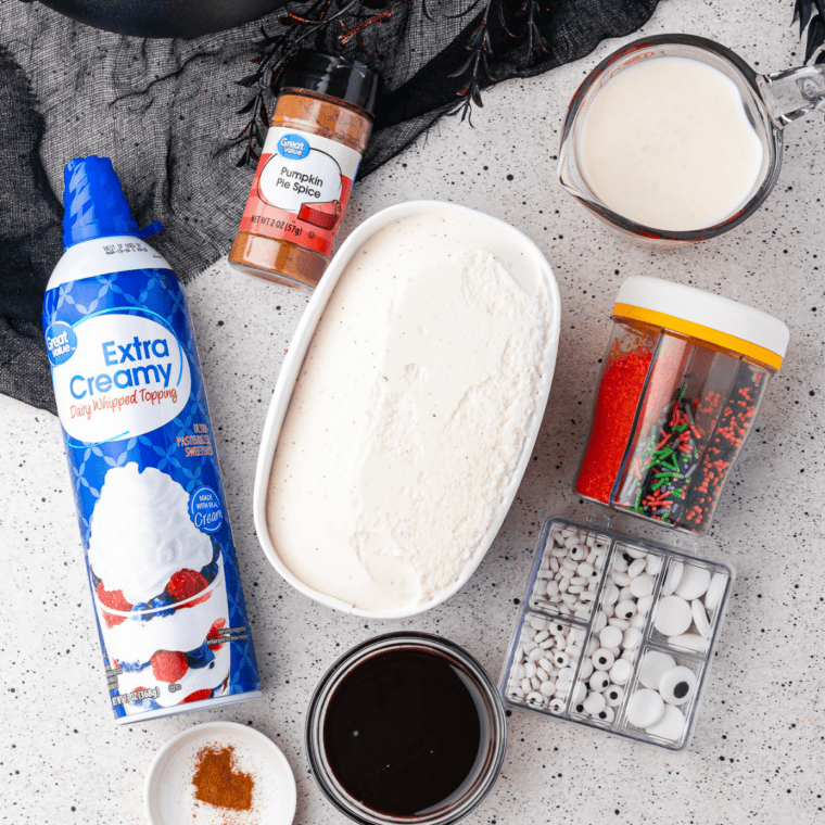 Ingredients needed for Caramel Macchiato Milkshake on kitchen table.